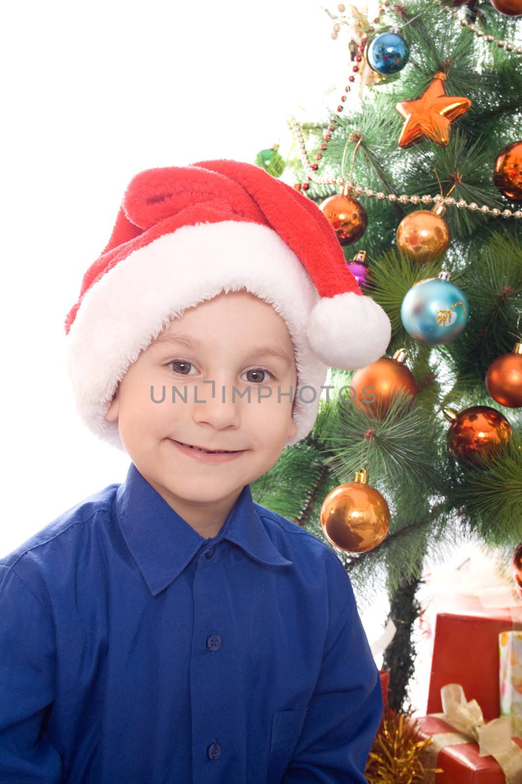 Cheerful boy in Santa's hat on a background of the Christmas tree