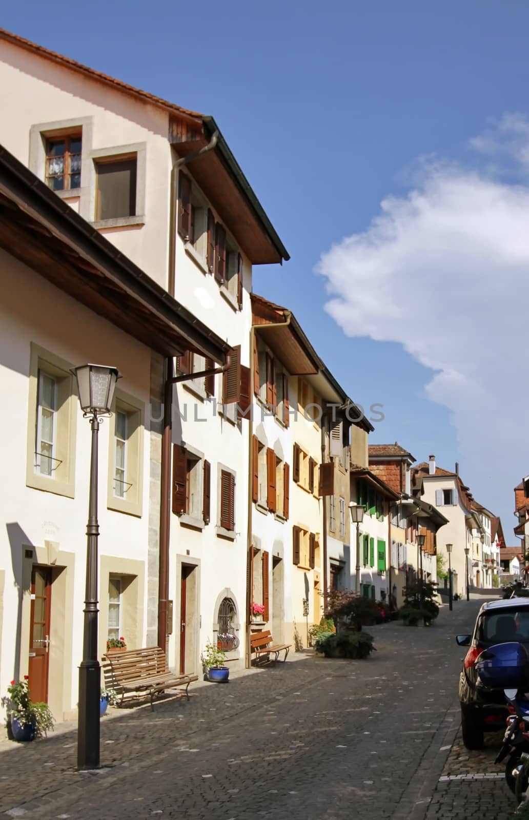Narrow old street of Estavayer-le-lac, Fribourg canton, Switzerland