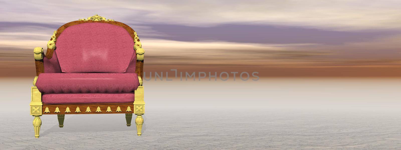 Luxury royal red and golden armchair alone in nature