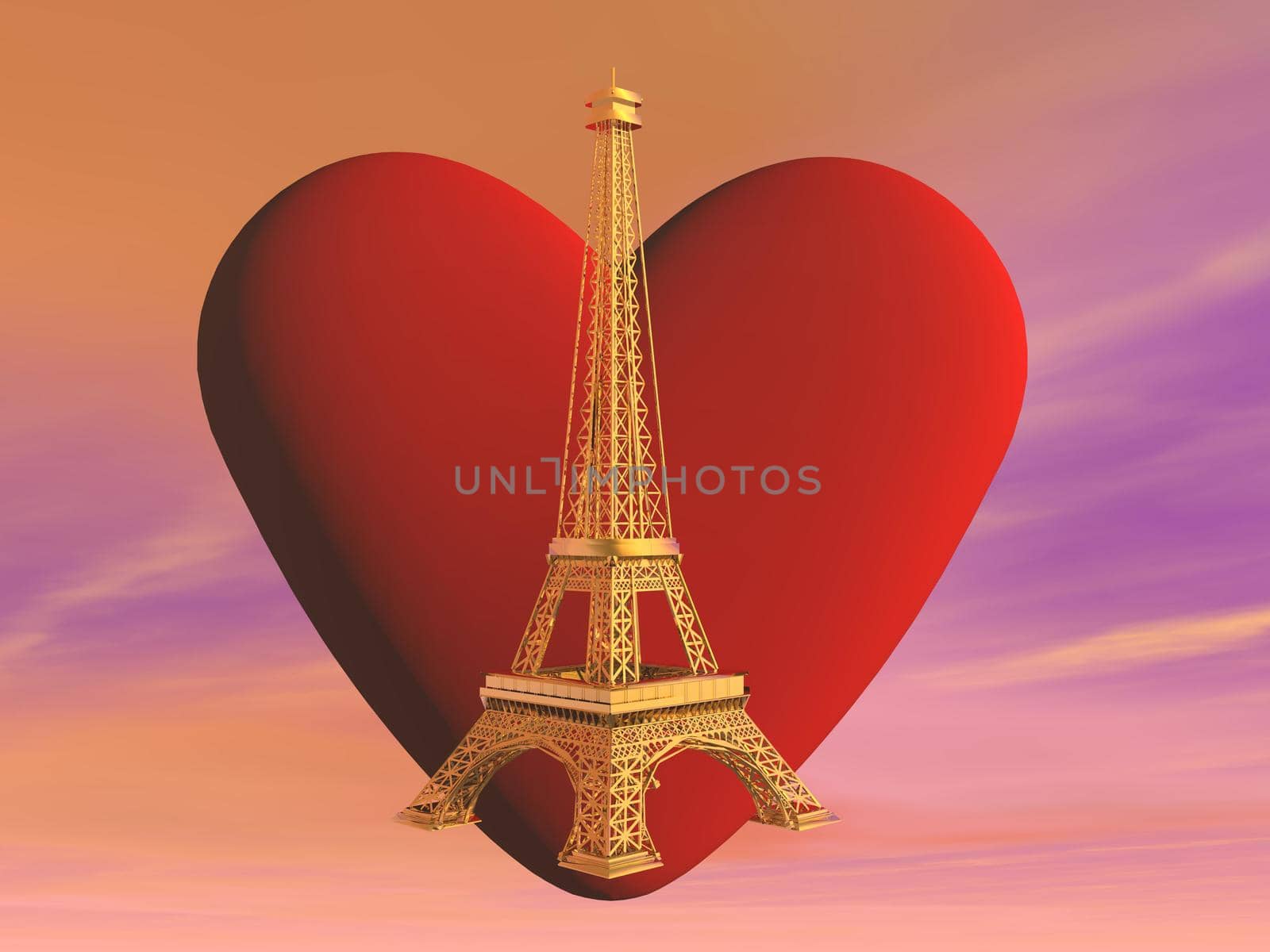 French golden Eiffel tower in front of red heart shape into pink cloudy sky, Paris, France
