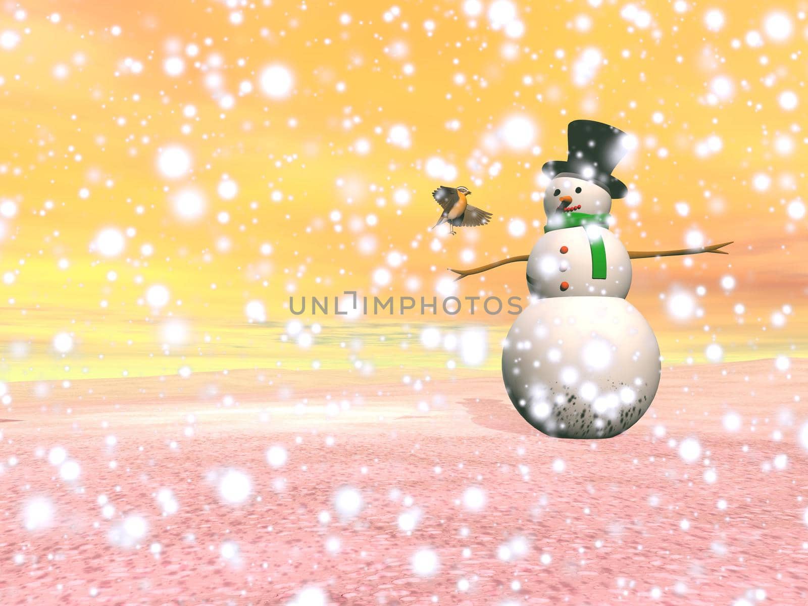 One snowman standing in a winter landscape with falling snow covering mountains and fir trees by sunset light