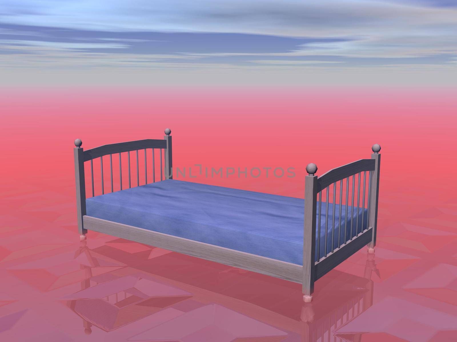 A simple bed for one person in red cloudy background