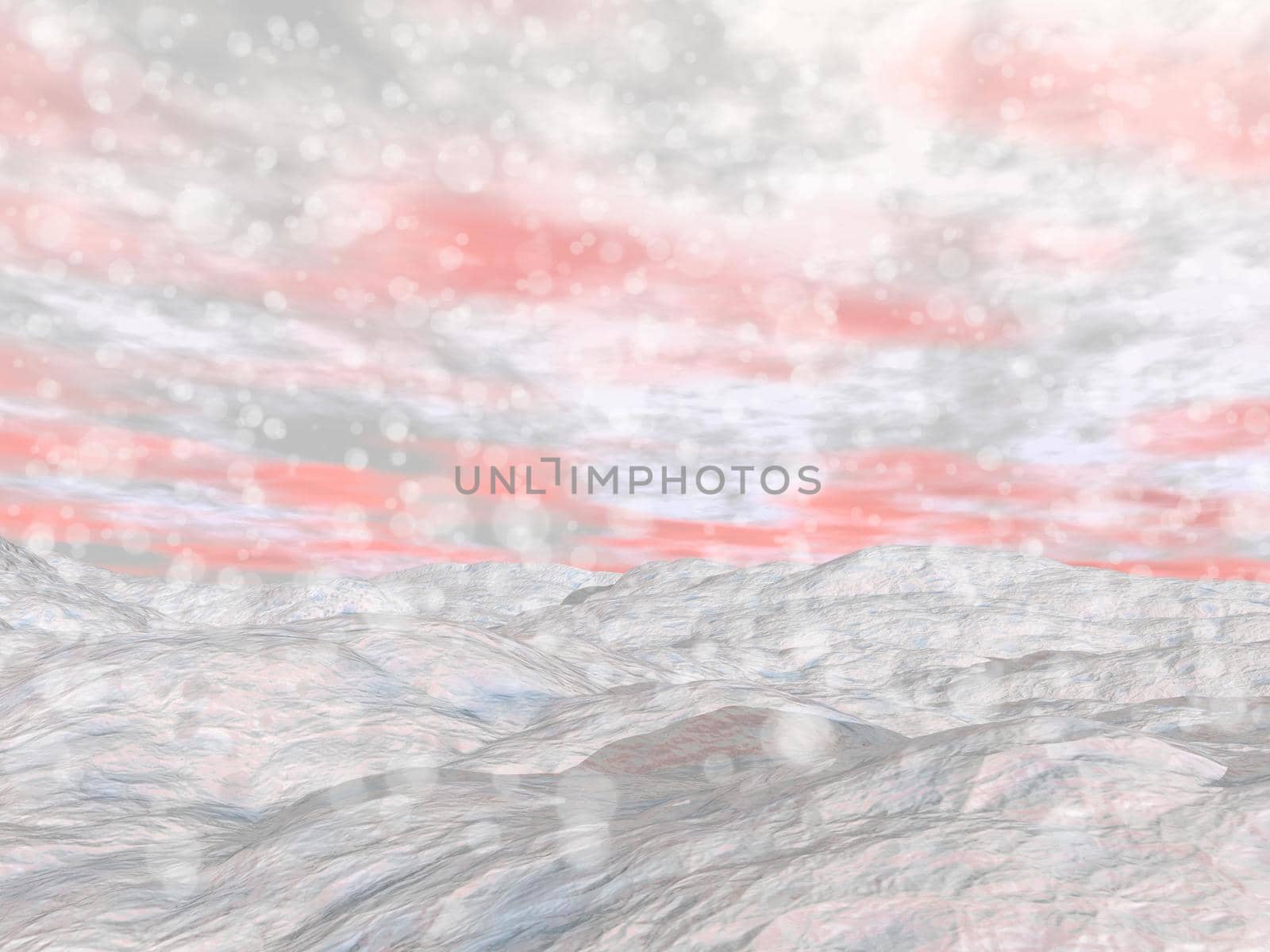 Winter landscape with falling snow covering mountain hills