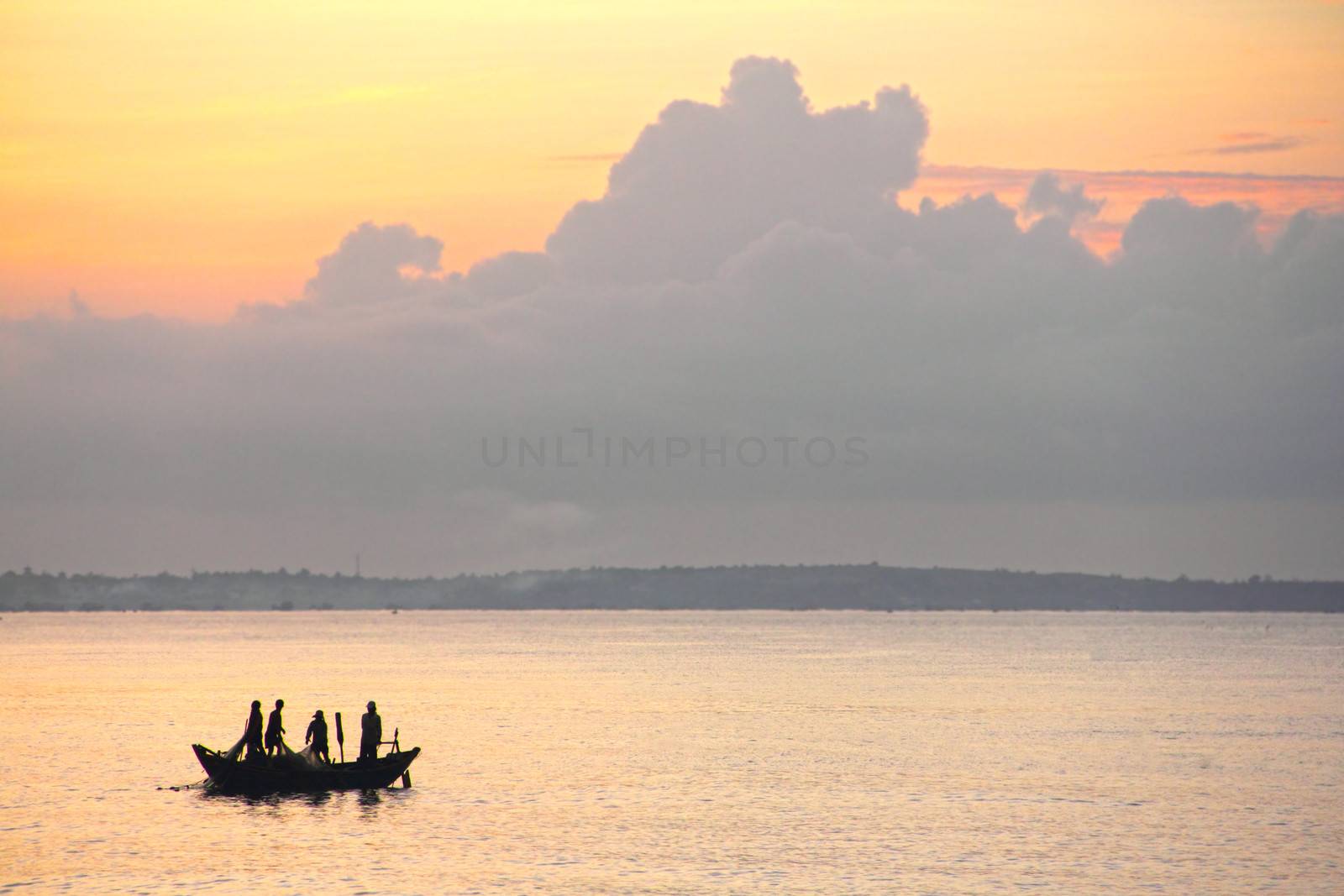 Beautiful view on Fishing asian Boat at Sunrise