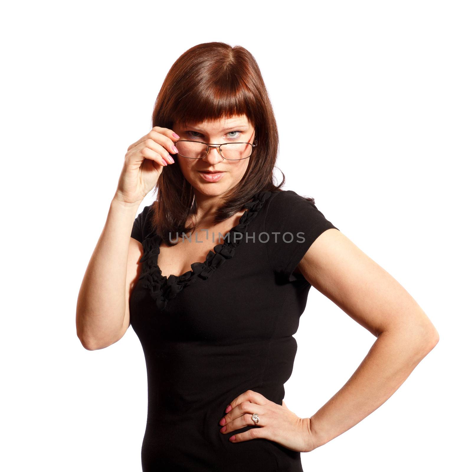 woman with glasses on a white background