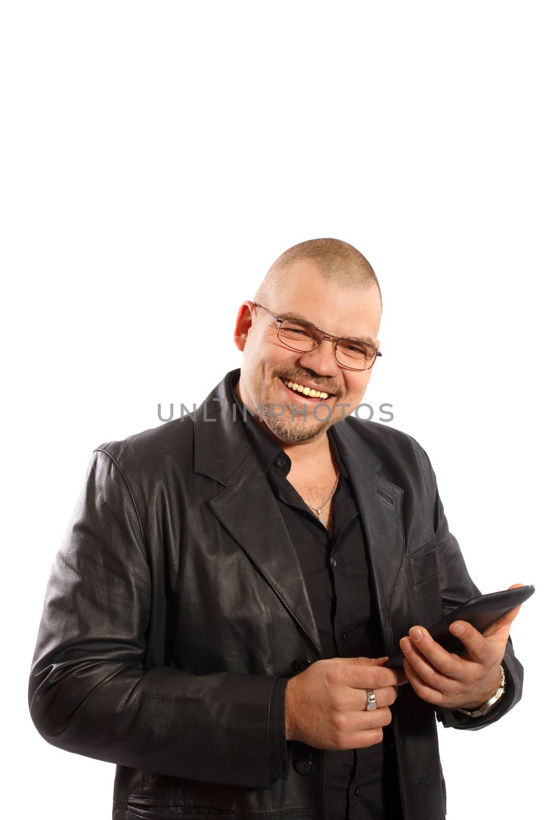 smiling man with tablet pc on white background