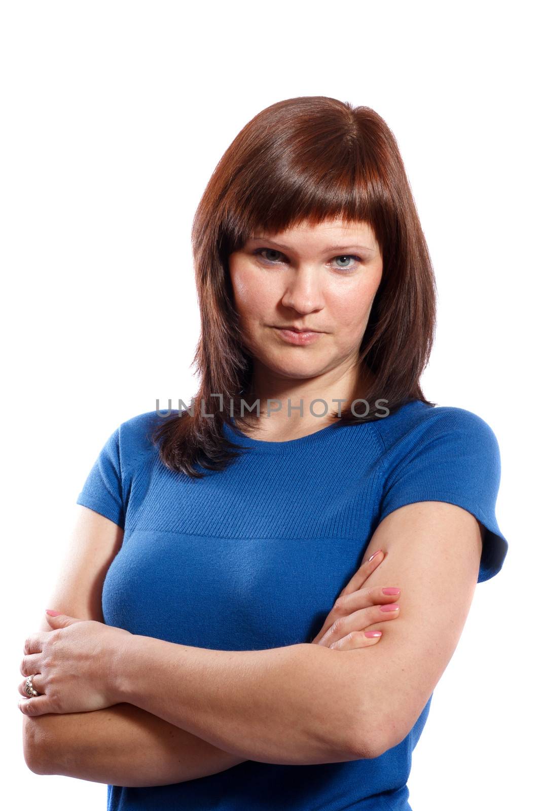 serious middle-aged woman on a white background