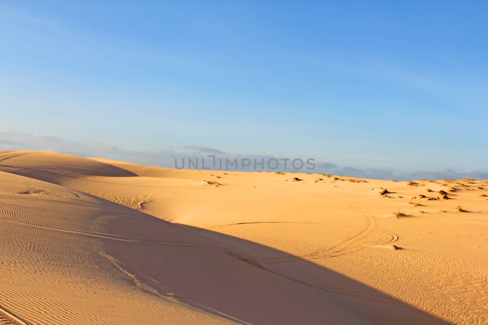 Sand desert landscape under bluy sky at sunny day