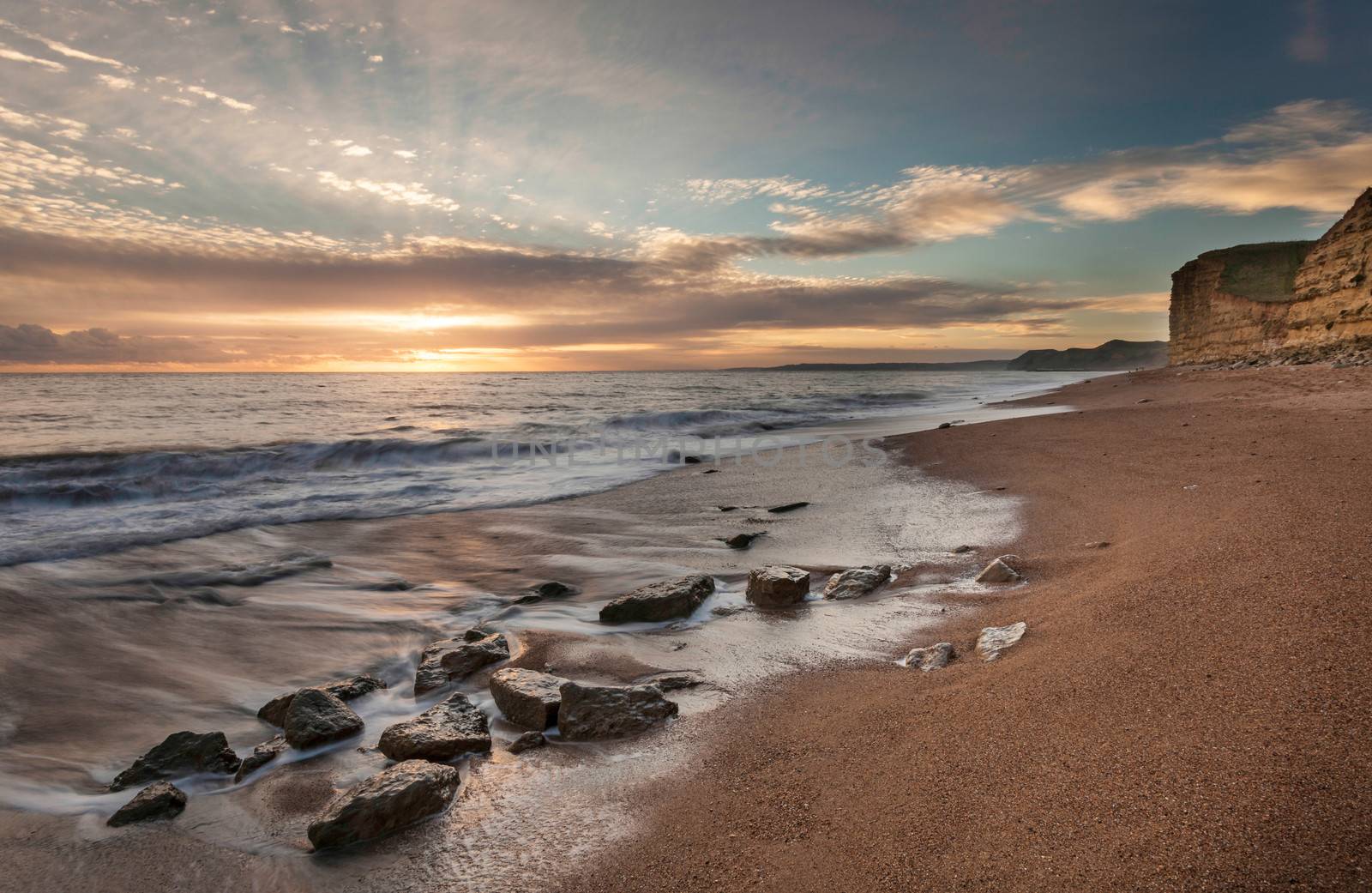 Famous Jurassic Coast Cliffs at Burton Bradstock and West Bay Dorset England