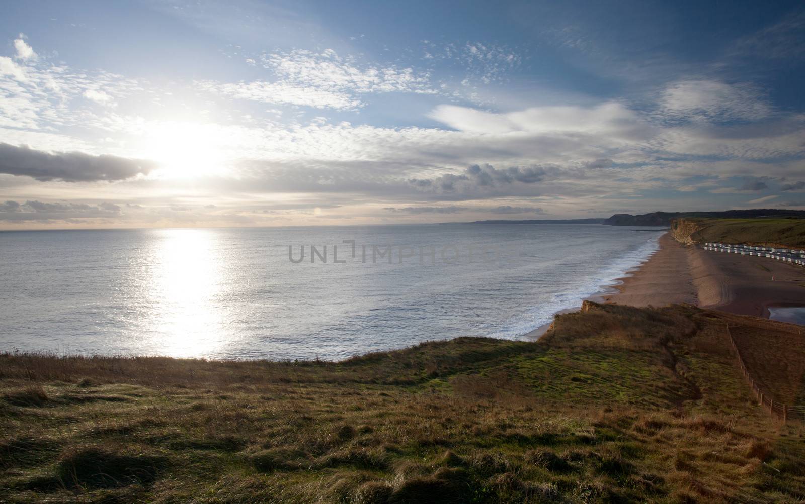 Famous Jurassic Coast Cliffs at Burton Bradstock and West Bay Dorset England