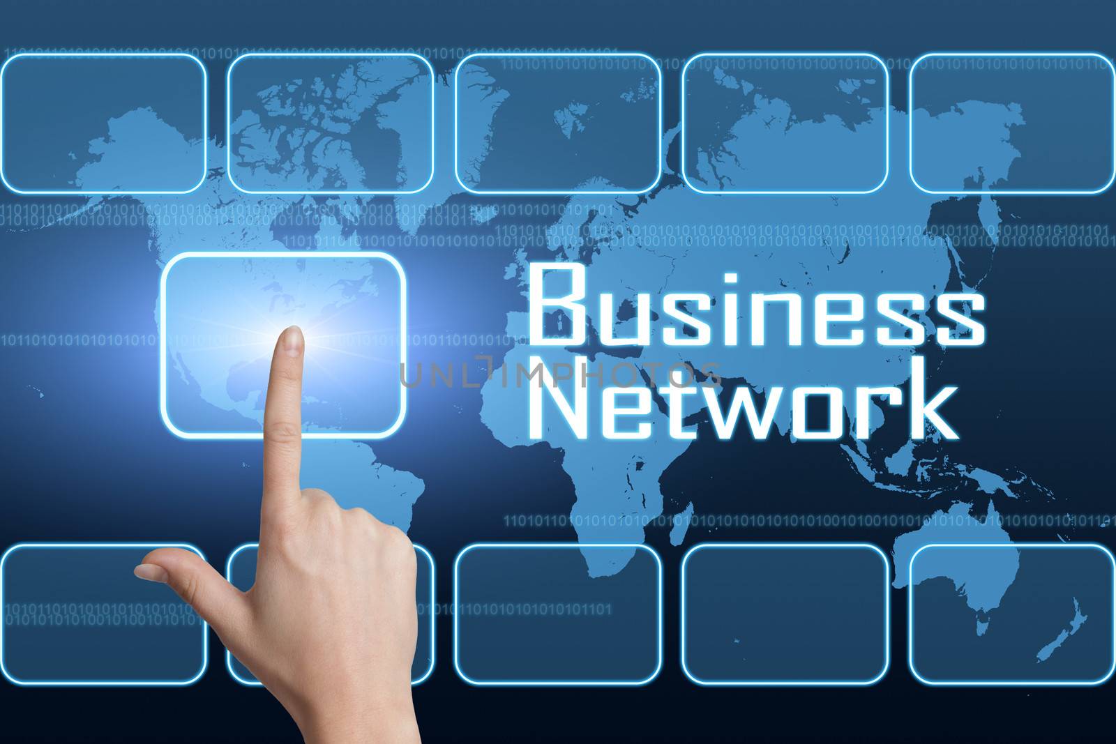 Business Network concept with interface and world map on blue background