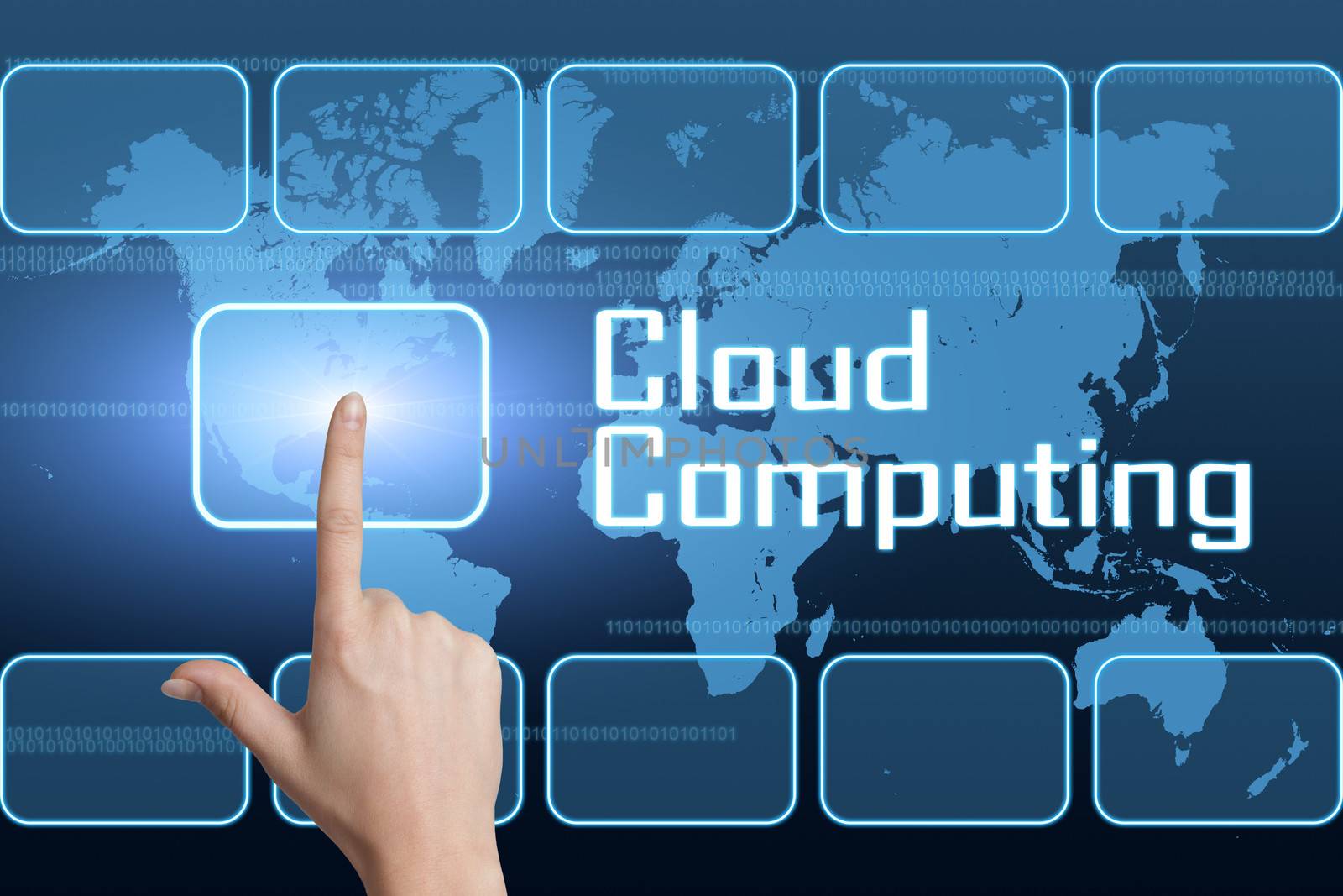 Cloud Computing concept with interface and world map on blue background