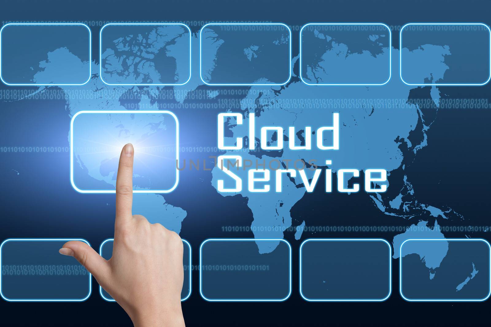 Cloud Service concept with interface and world map on blue background