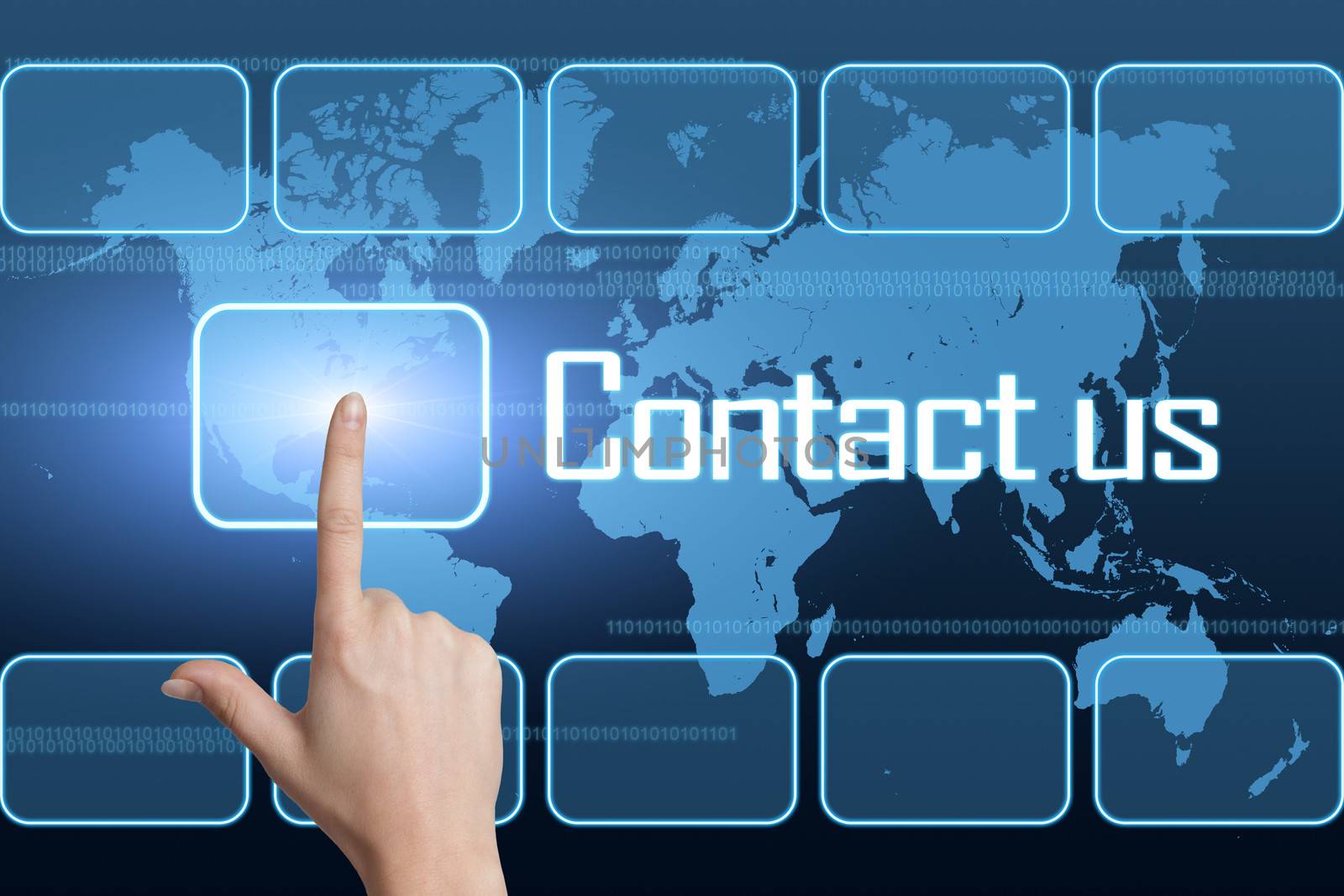 Contact us concept with interface and world map on blue background