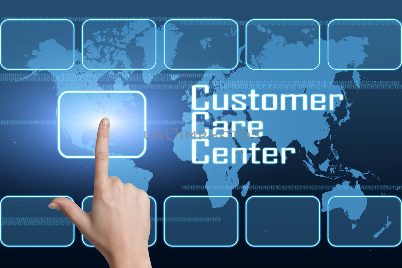 Customer Care Center concept with interface and world map on blue background