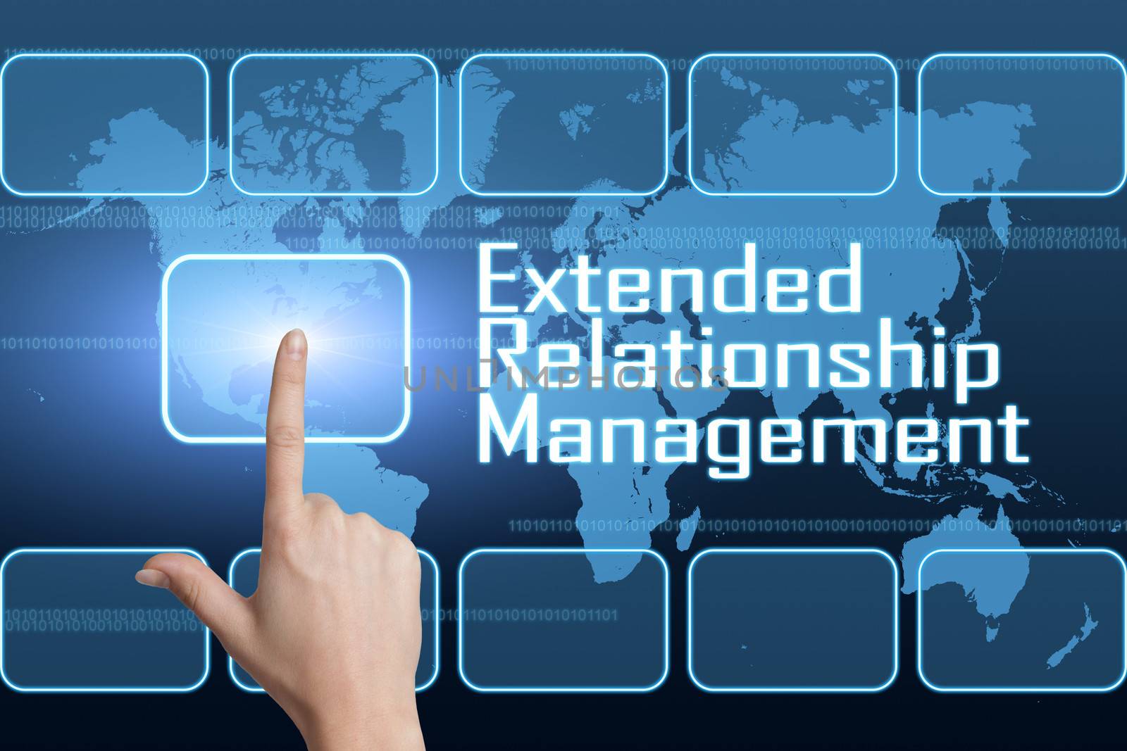 Extended Relationship Management concept with interface and world map on blue background