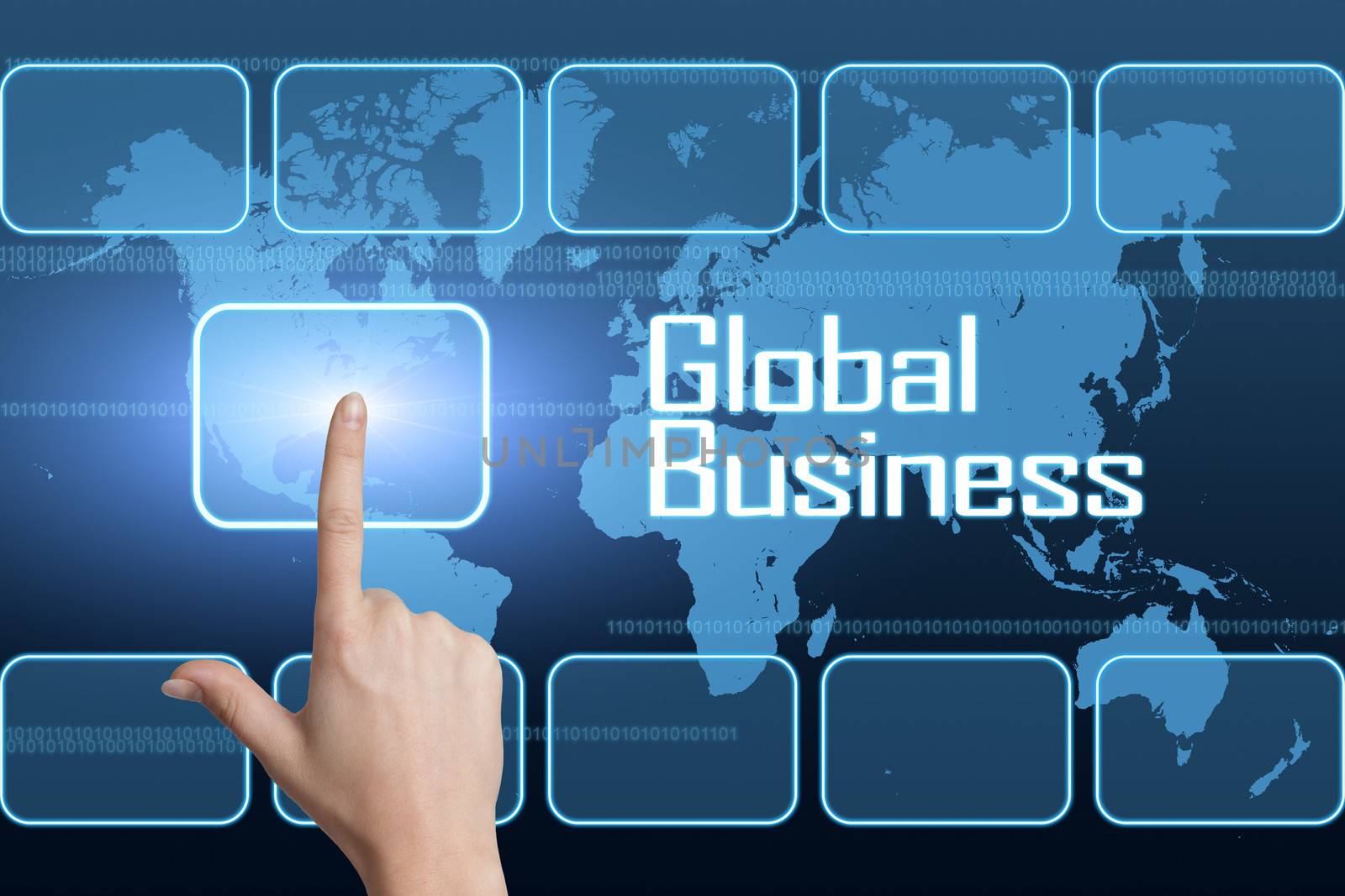 Global Business concept with interface and world map on blue background