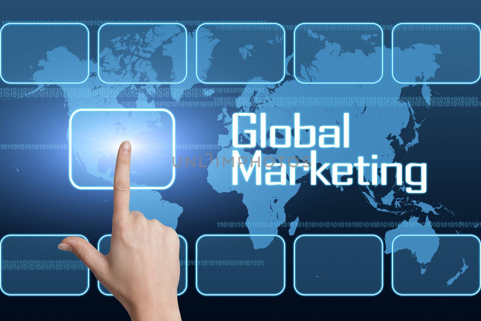 Global Marketing concept with interface and world map on blue background