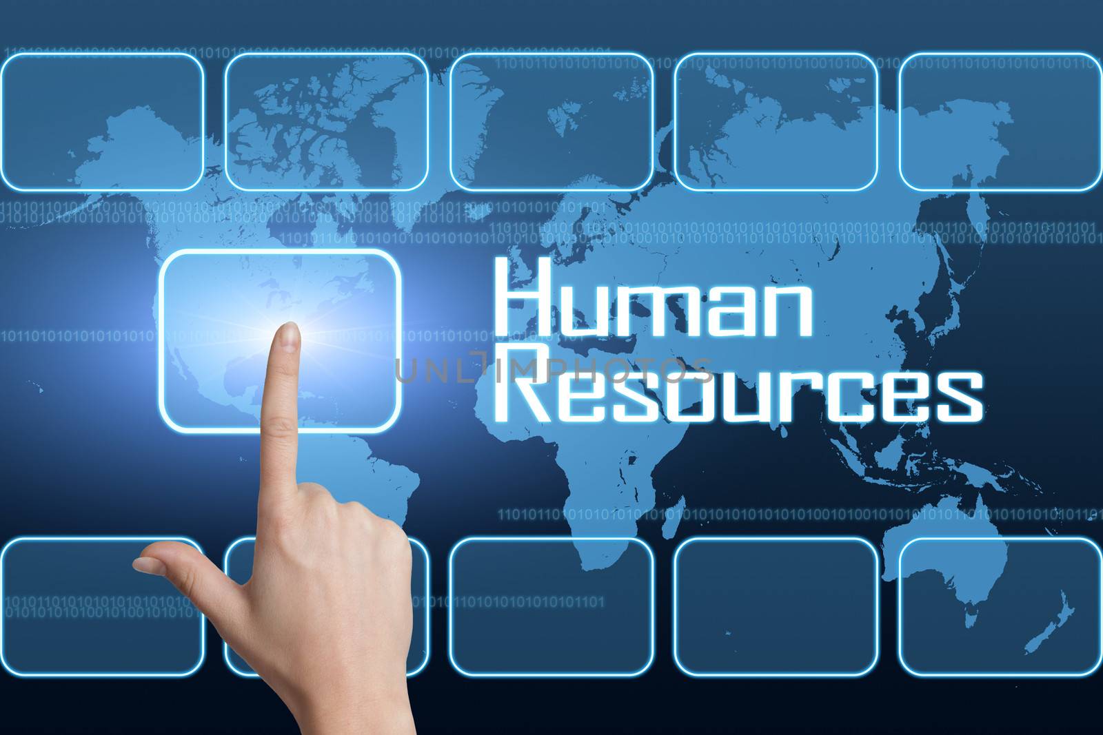 Human Resources concept with interface and world map on blue background