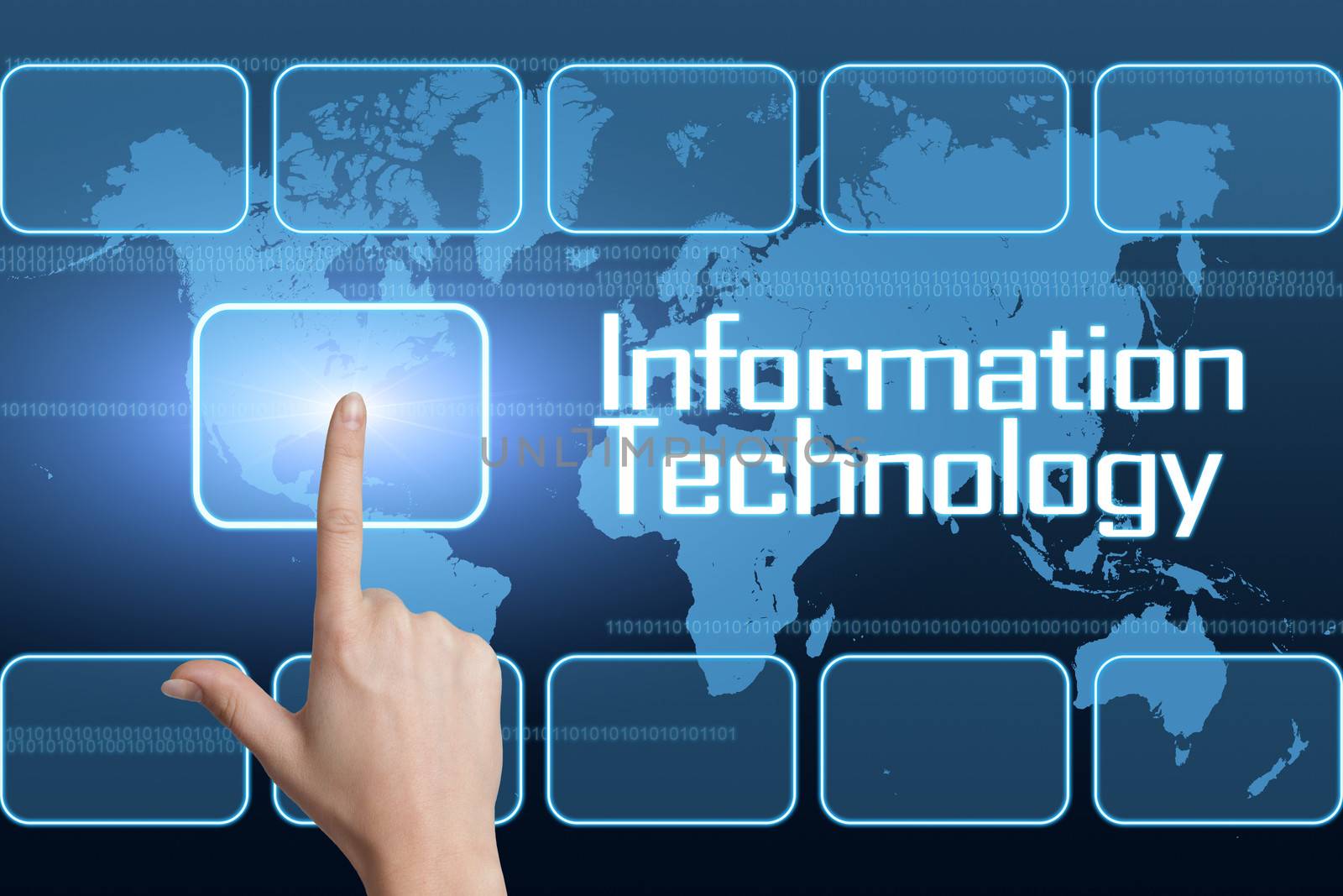 Information Technology concept with interface and world map on blue background