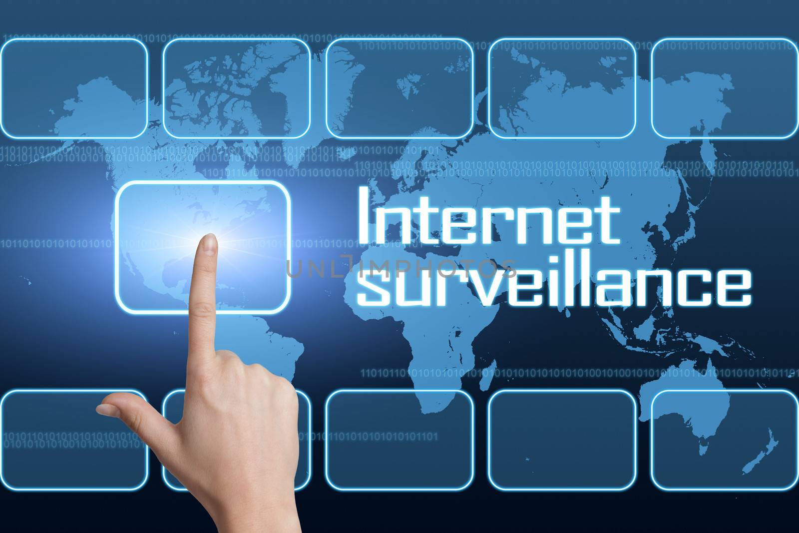 Internet surveillance concept with interface and world map on blue background