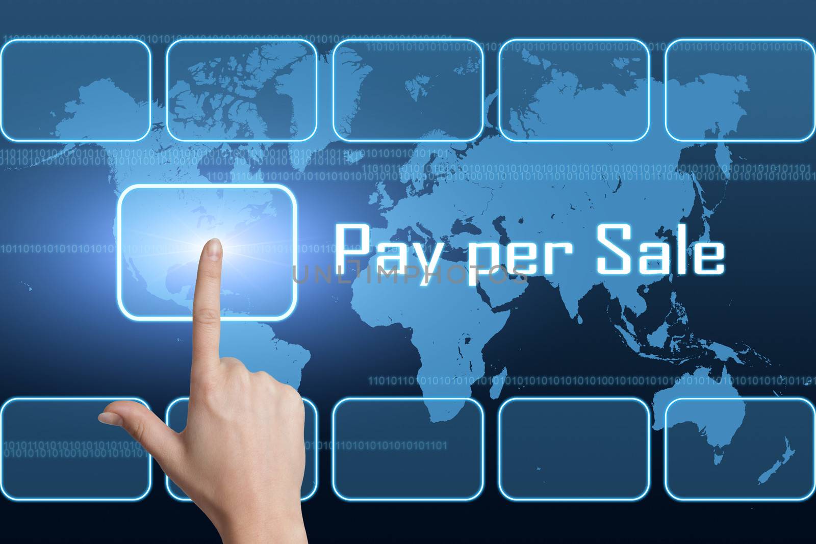 Pay per Sale concept with interface and world map on blue background