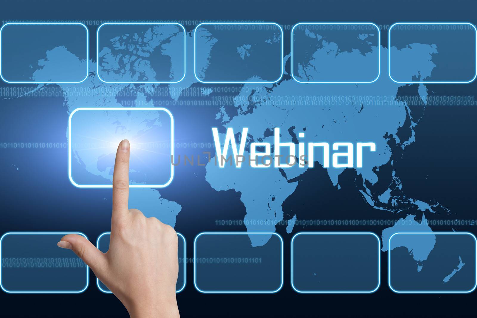 Webinar concept with interface and world map on blue background