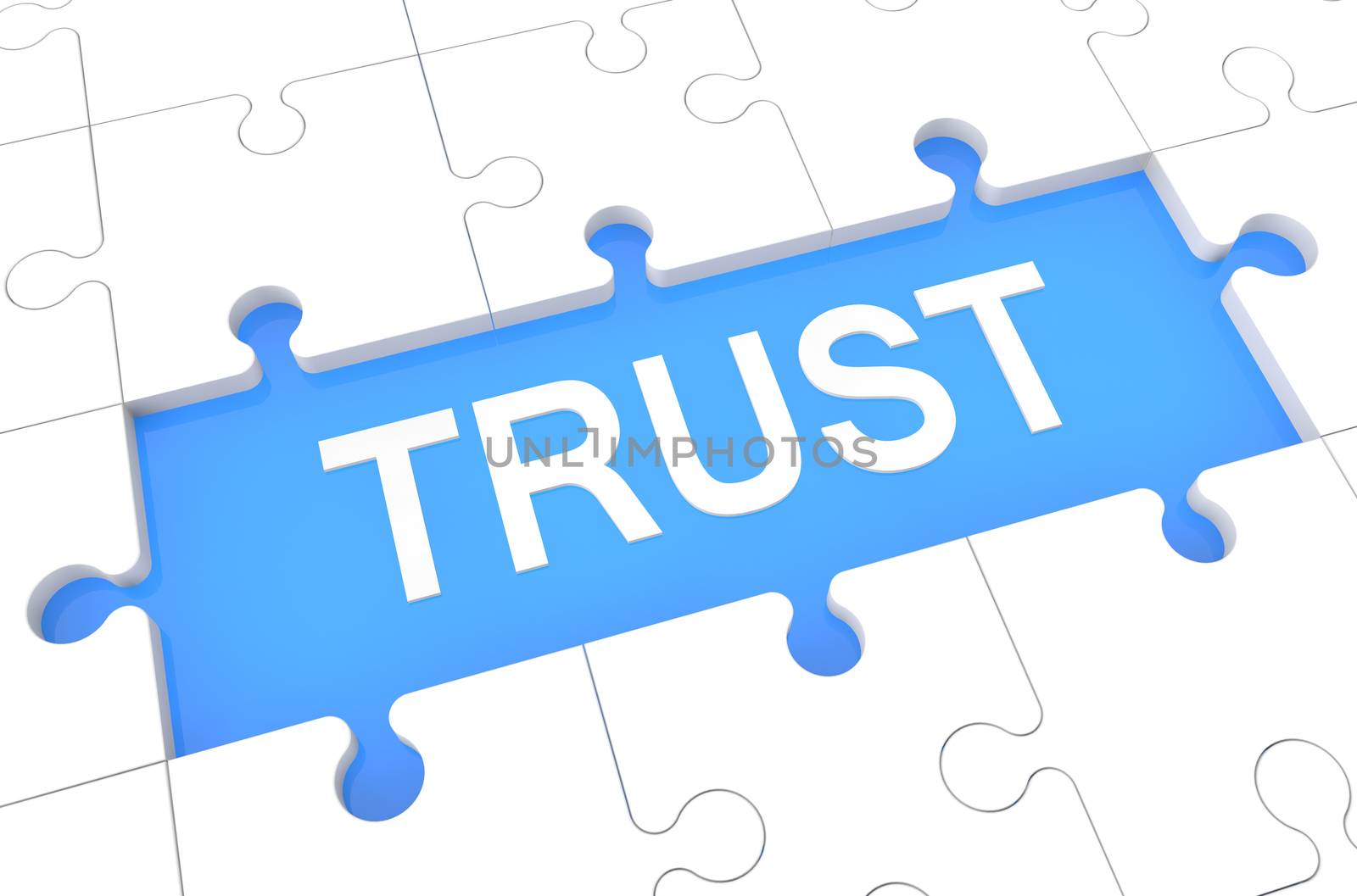Trust - puzzle 3d render illustration with word on blue background