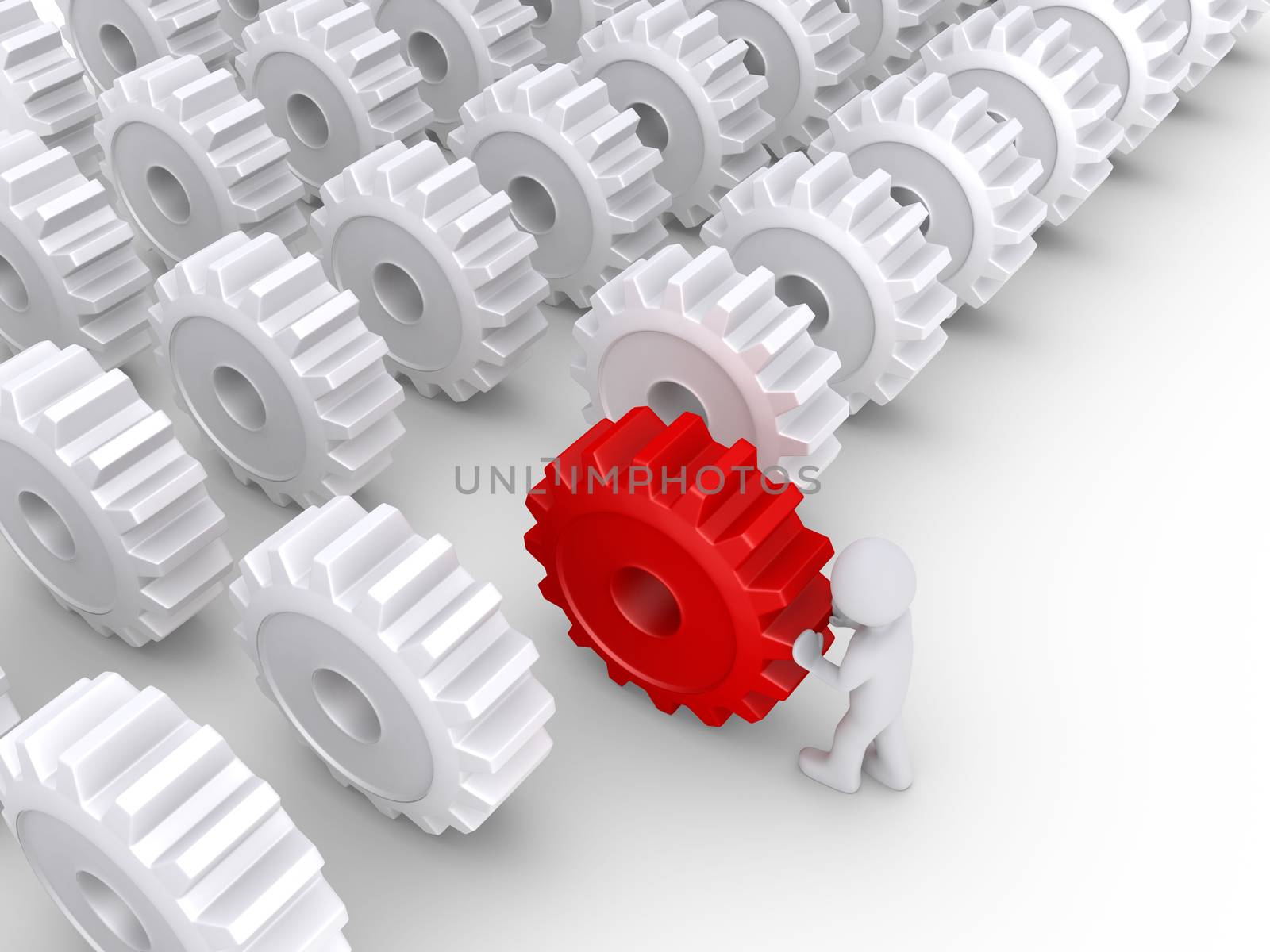 3d person is placing a red cogwheel in front of others