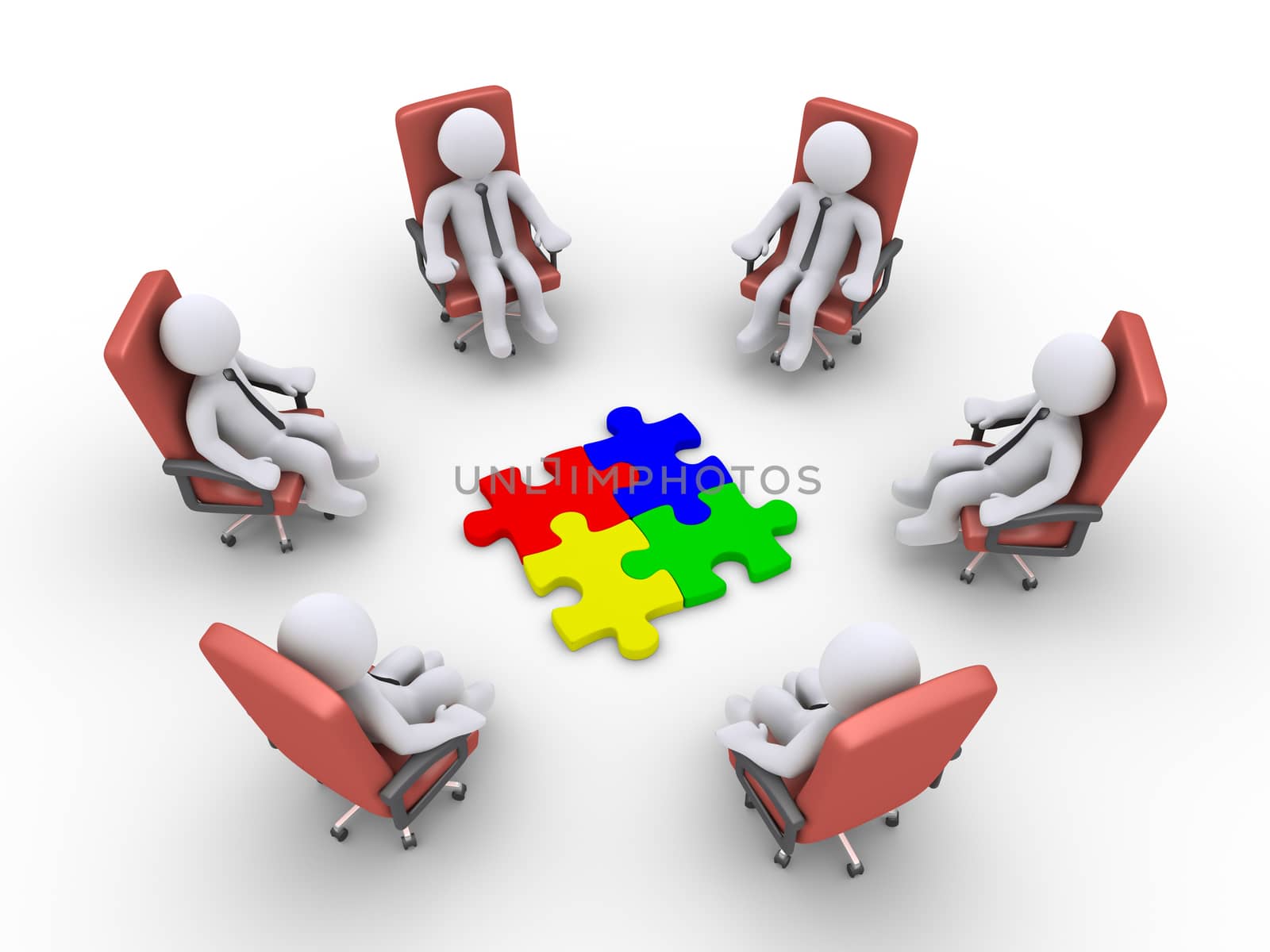 3d businessmen sitting on armchairs and four puzzle pieces in the middle