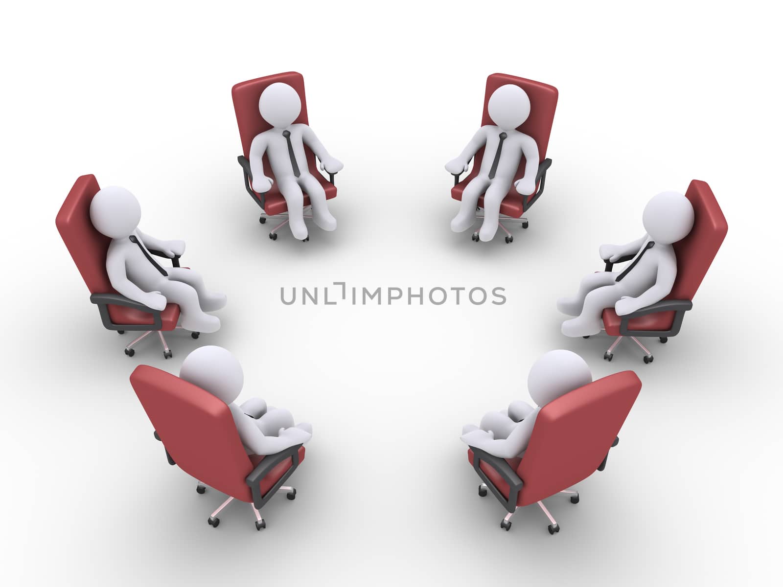 3d businessmen sitting on armchairs are forming a circle