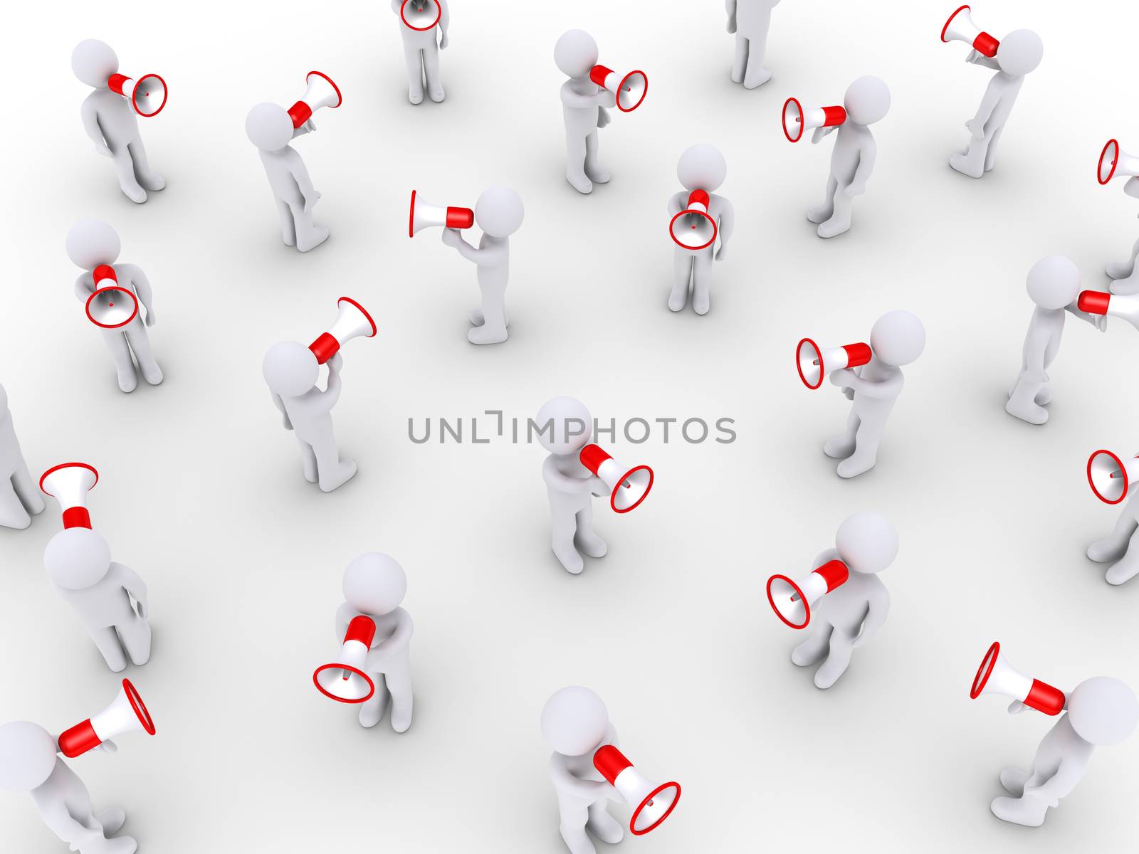Many 3d people are speaking with megaphones towards different directions