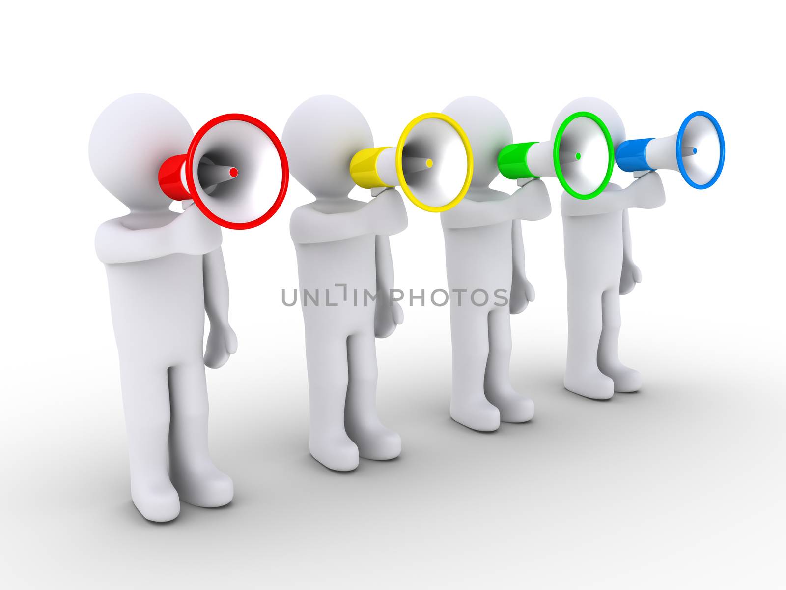 Four 3d people are speaking to different colored megaphones