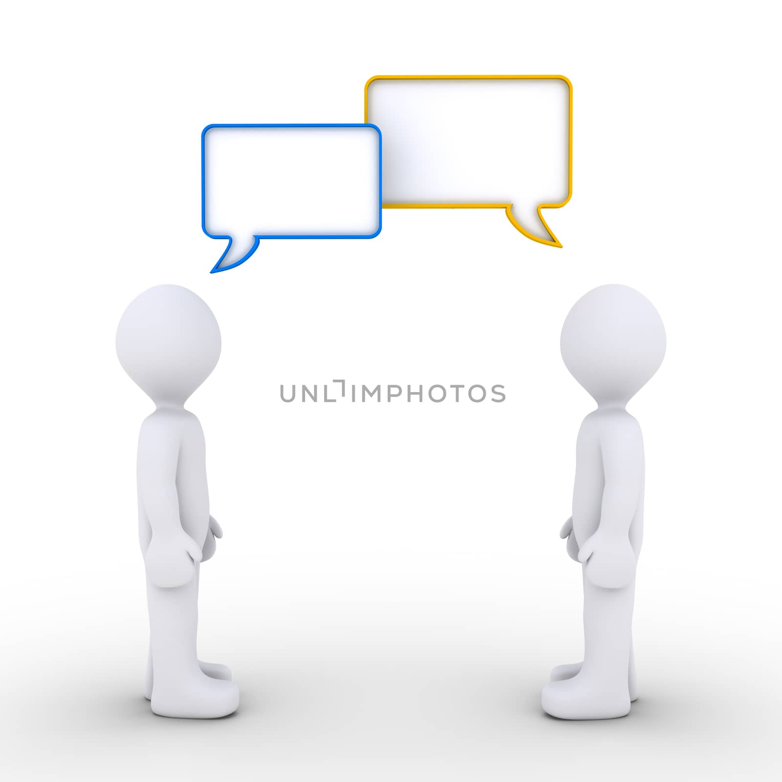 Two 3d persons are talking with speech bubbles