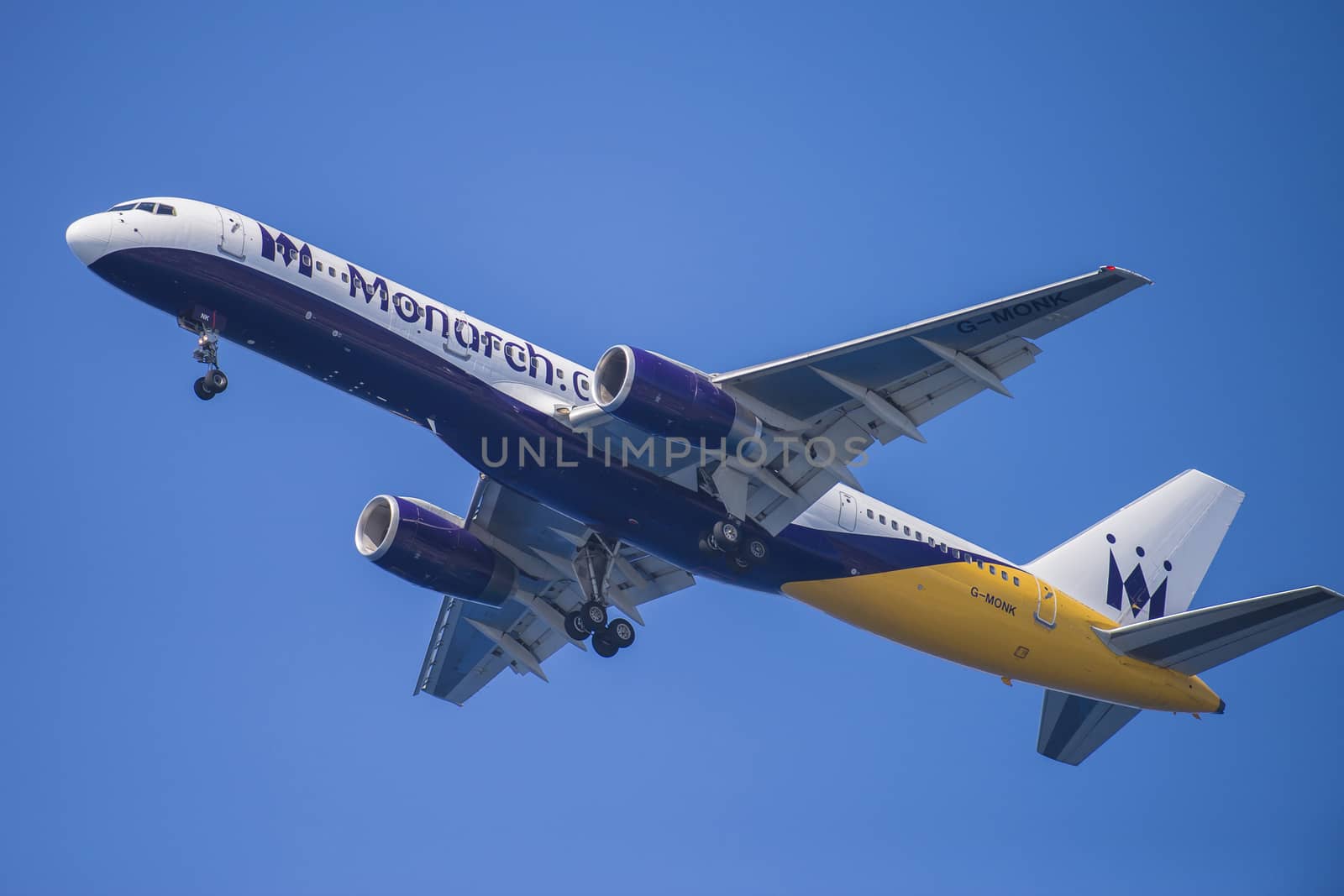 G-monk Monarch airlines Boeing 757-2T7, British. The pictures of the planes are shot very close an airport just before landing. September 2013.