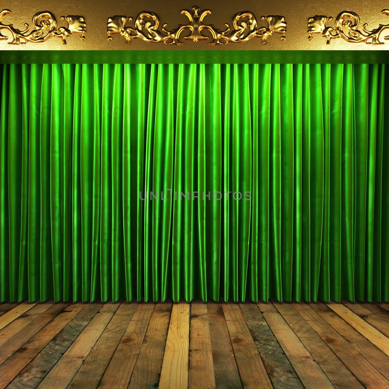 green fabric curtain with gold on stage