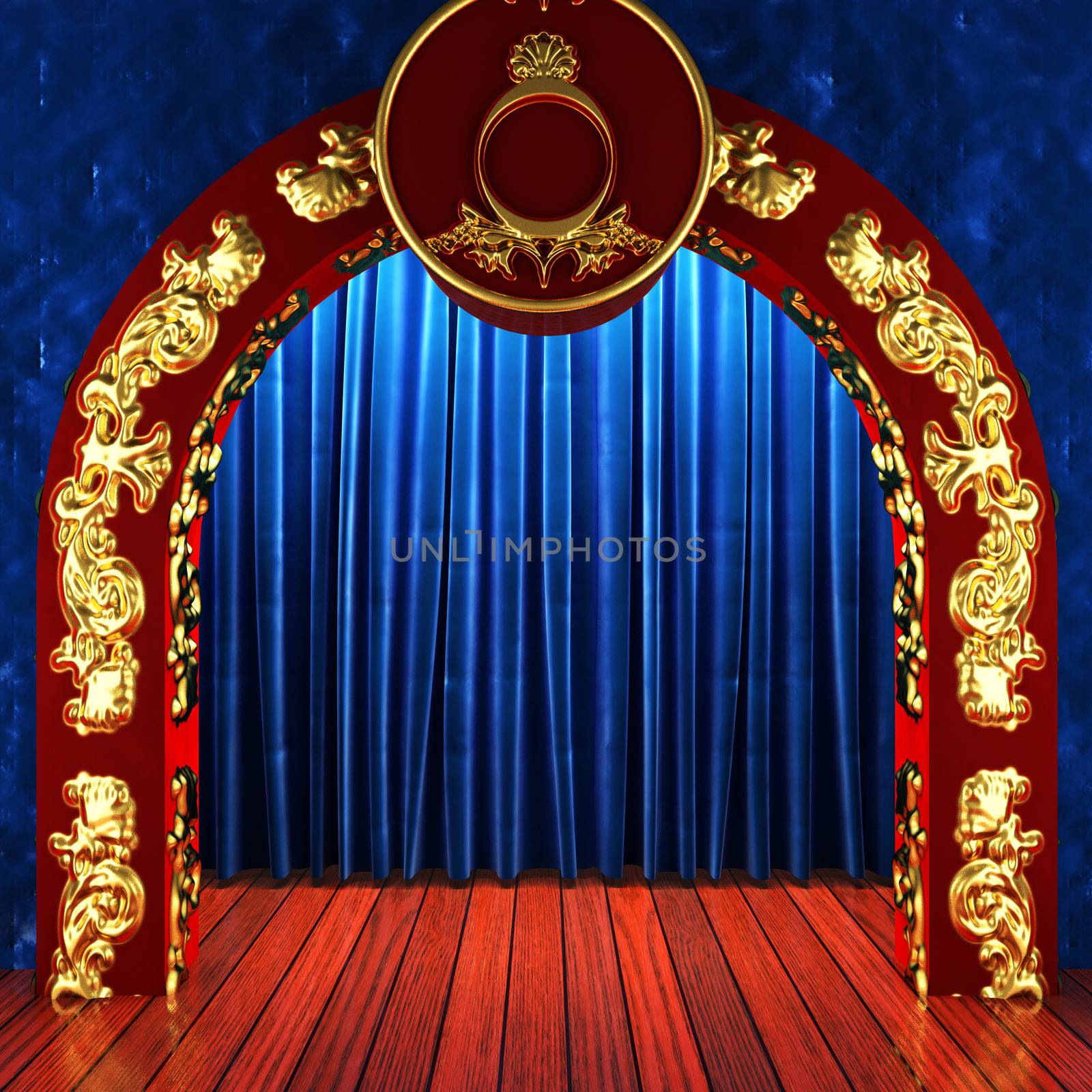blue fabric curtain with gold on stage