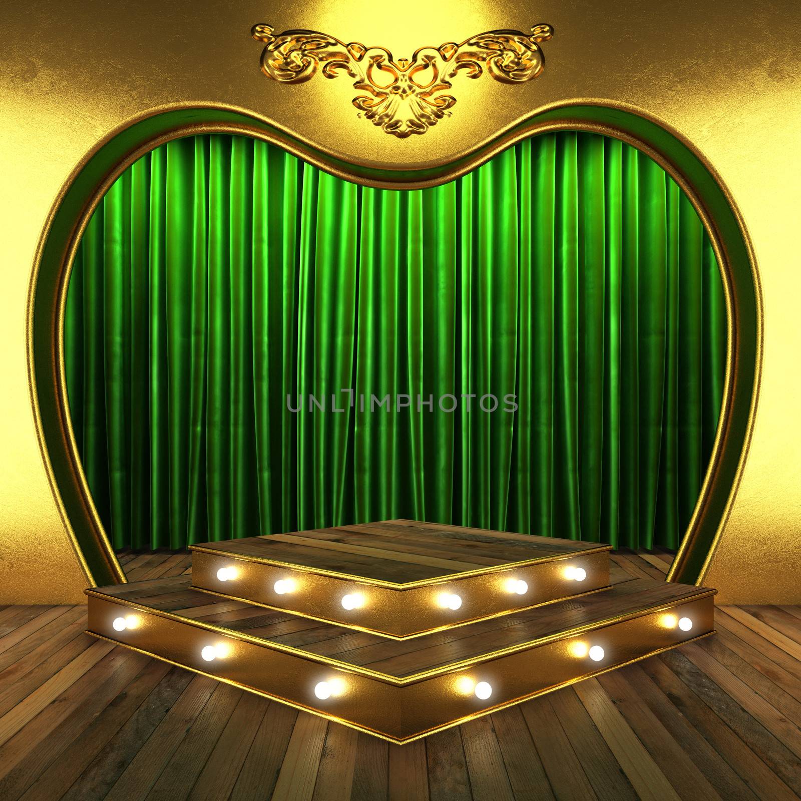 green fabric curtain with gold on stage