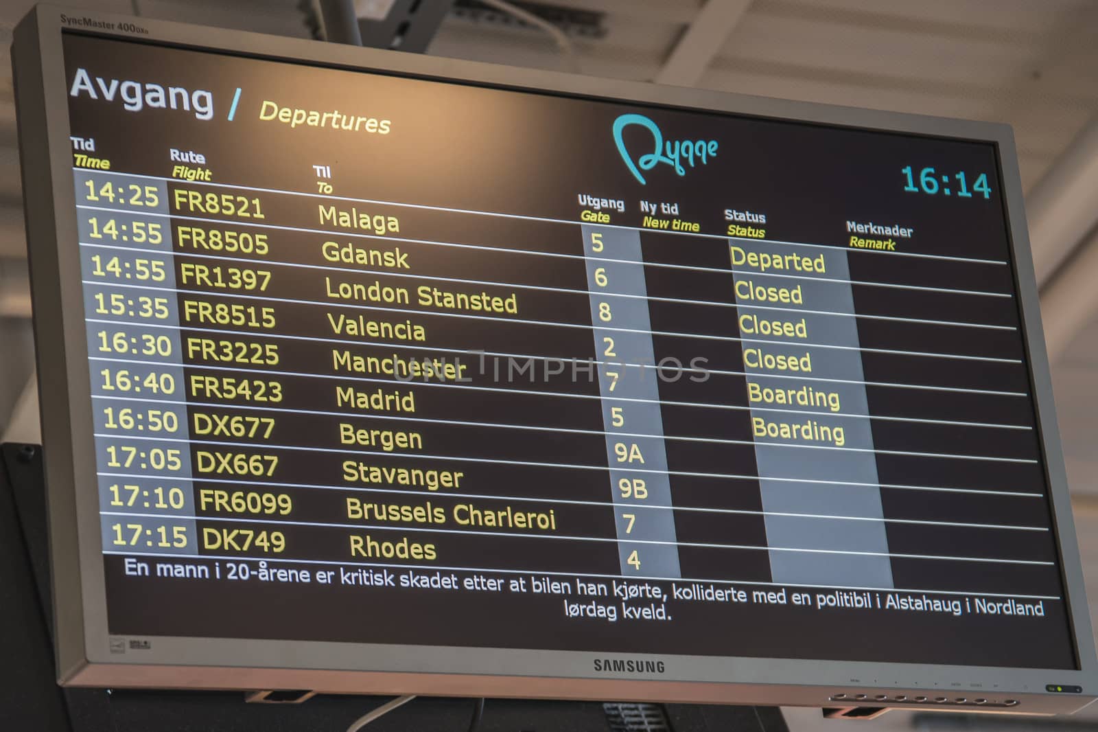 Departures board. Image is shot at Moss Airport Rygge, Norway. September 2013.