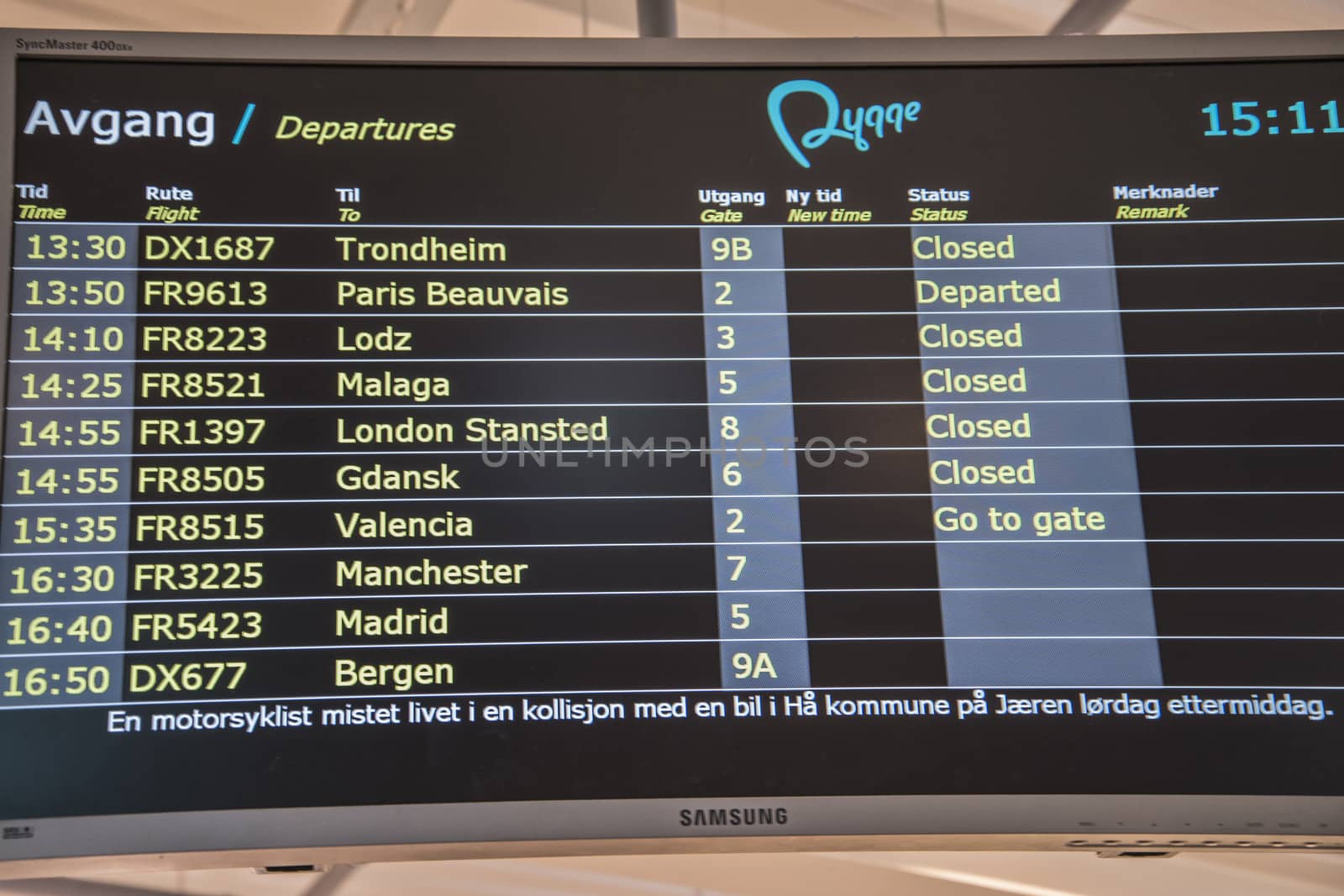 Departures board. Image is shot at Moss Airport Rygge, Norway. September 2013.