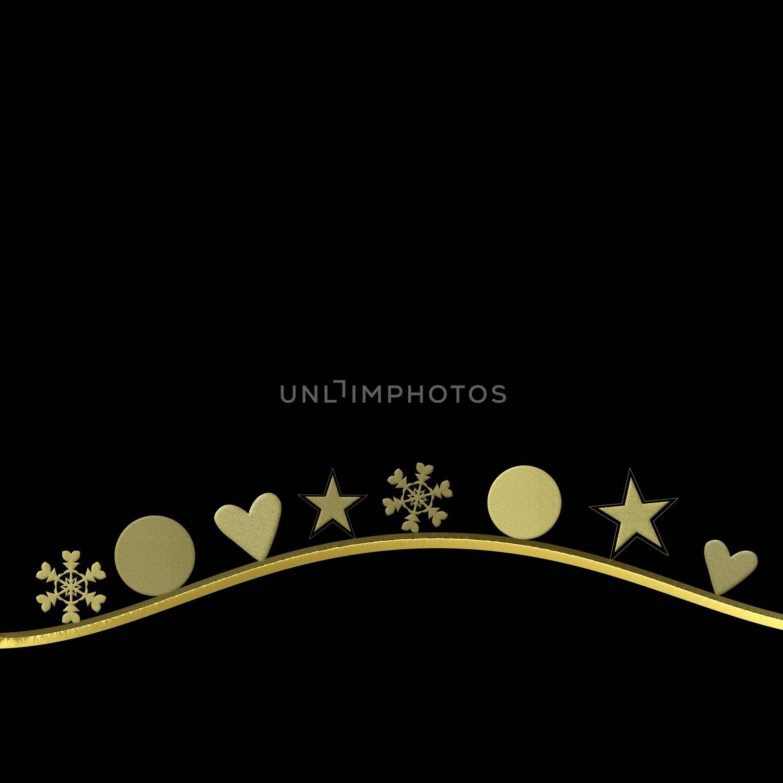 elegant and simple christmas card, gold ornaments on black background with empty space for write message