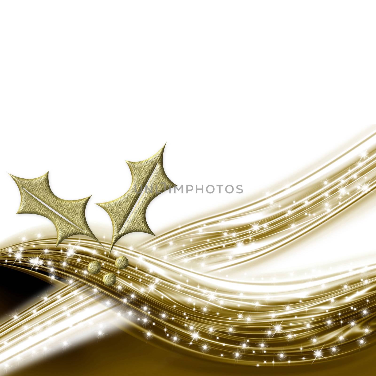 Christmas background, holly leaves in gold and white space to write