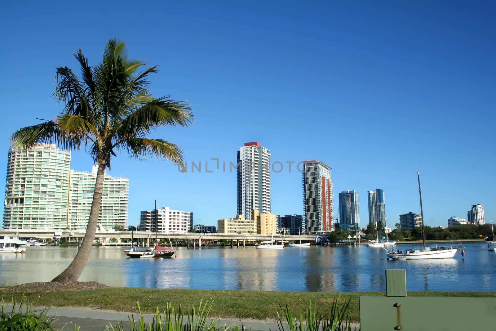 Southport on the Gold Coast Australia seen across the Nerang River from Main Beach.