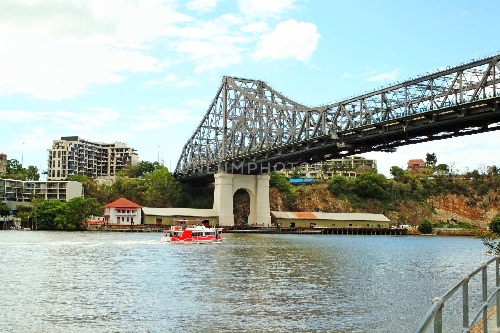 Story Bridge and the skyline seen from under the bridge in Brisbane Queensland Australia.