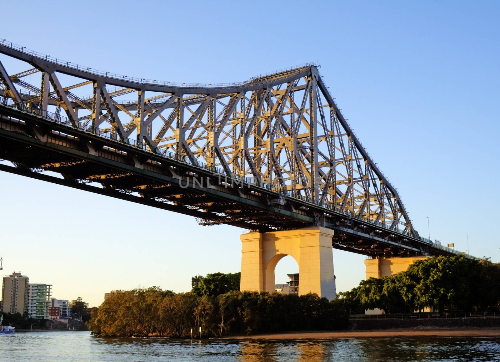 Story Bridge and the Brisbane skyline seen from the river about to pass under the bridge.