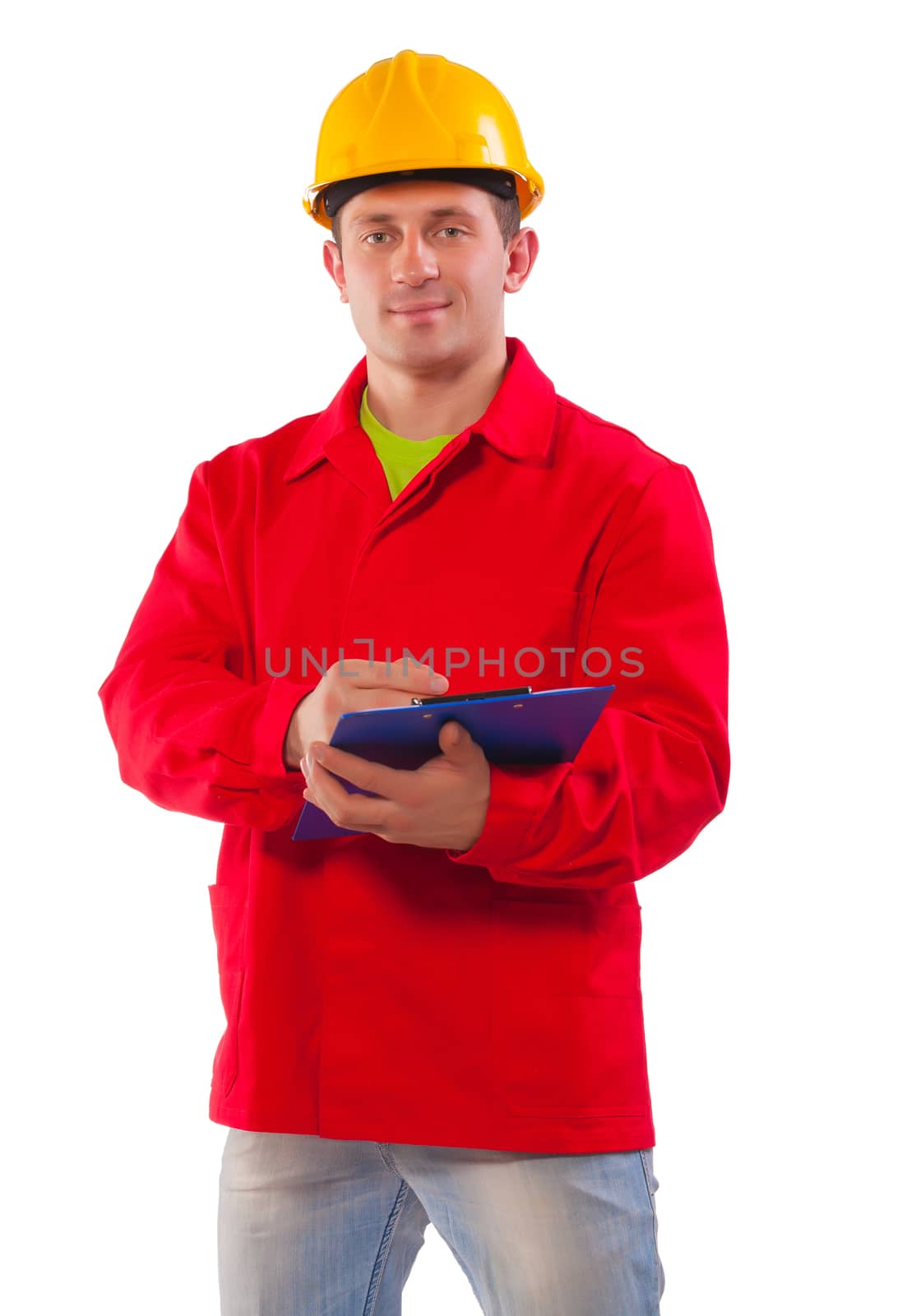 A construction supervisor writes on a clipboard. White background