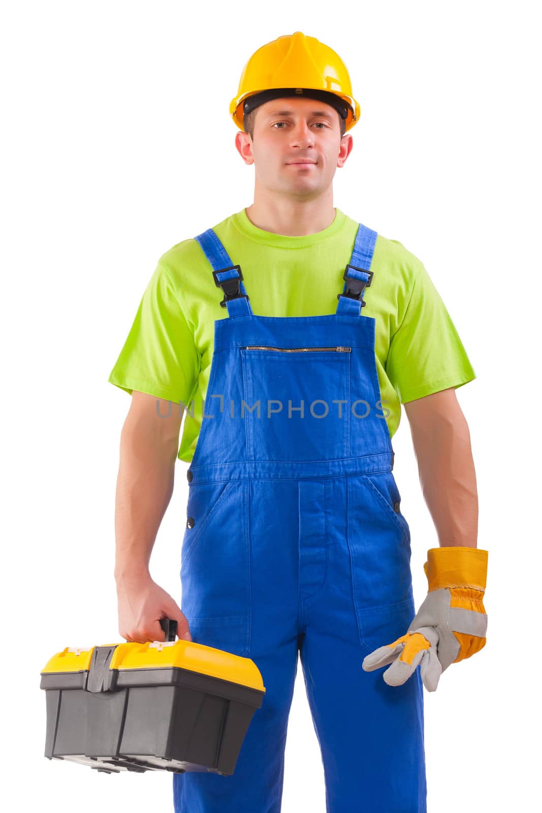 a young handsome plumber worker with adjustable wrench. Isolated by mihalec