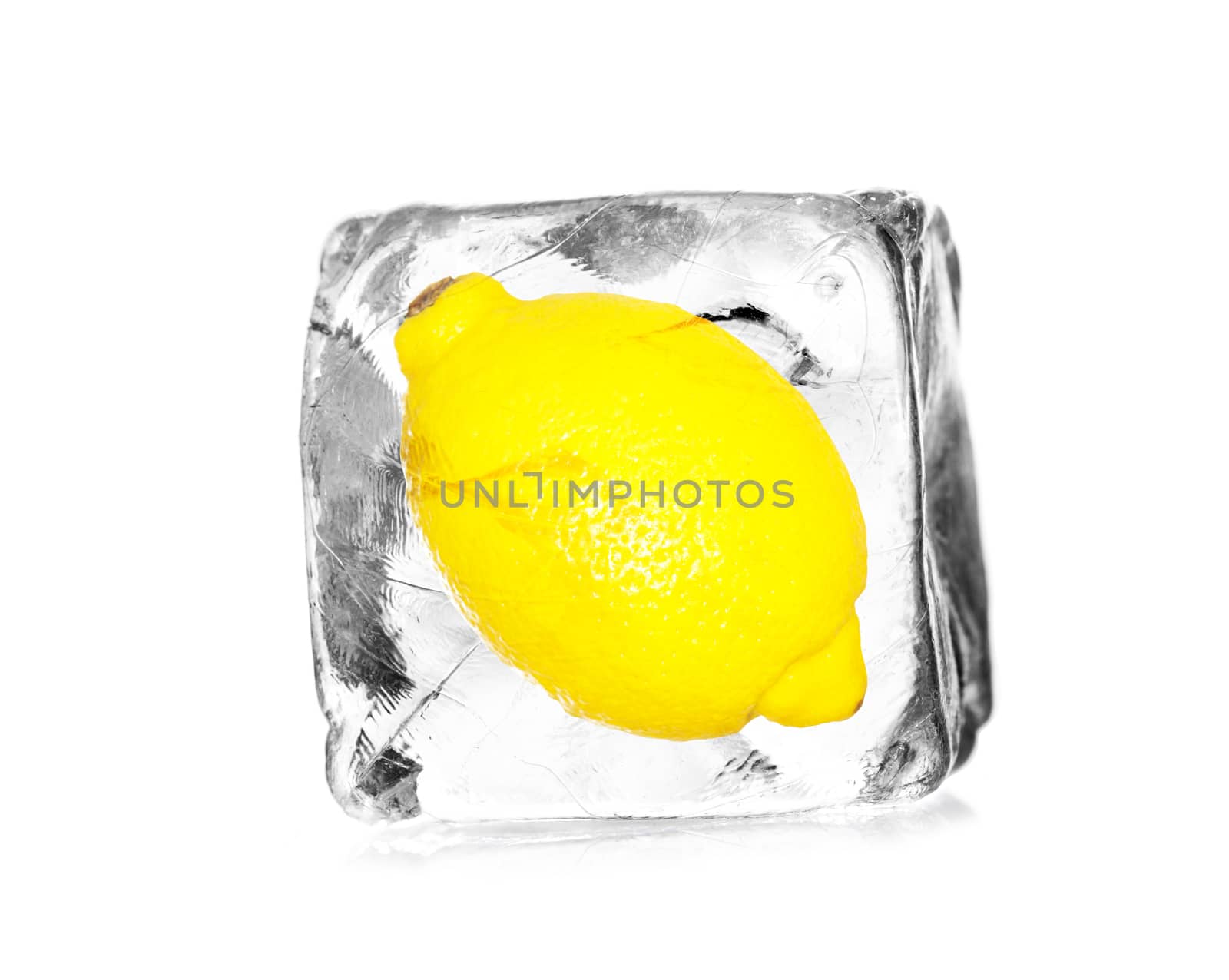 lemon, citron in a ice cube isolated with white background 