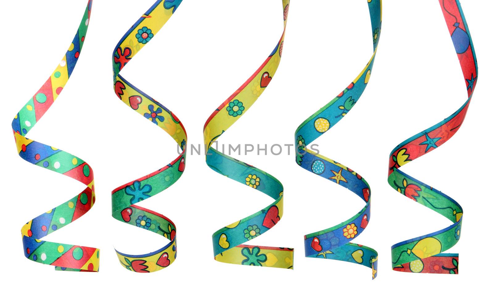 colorful gradient curling ribbons isolated, hanging with white background 