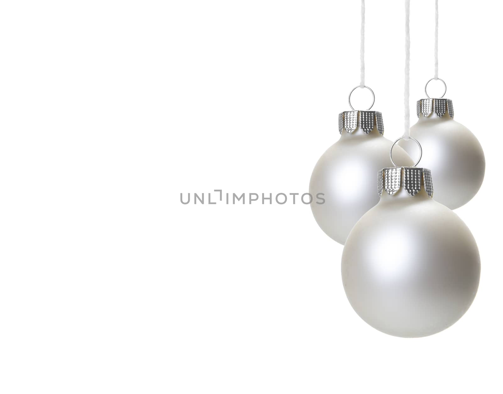 white christmas balls isolated hanging with white background 